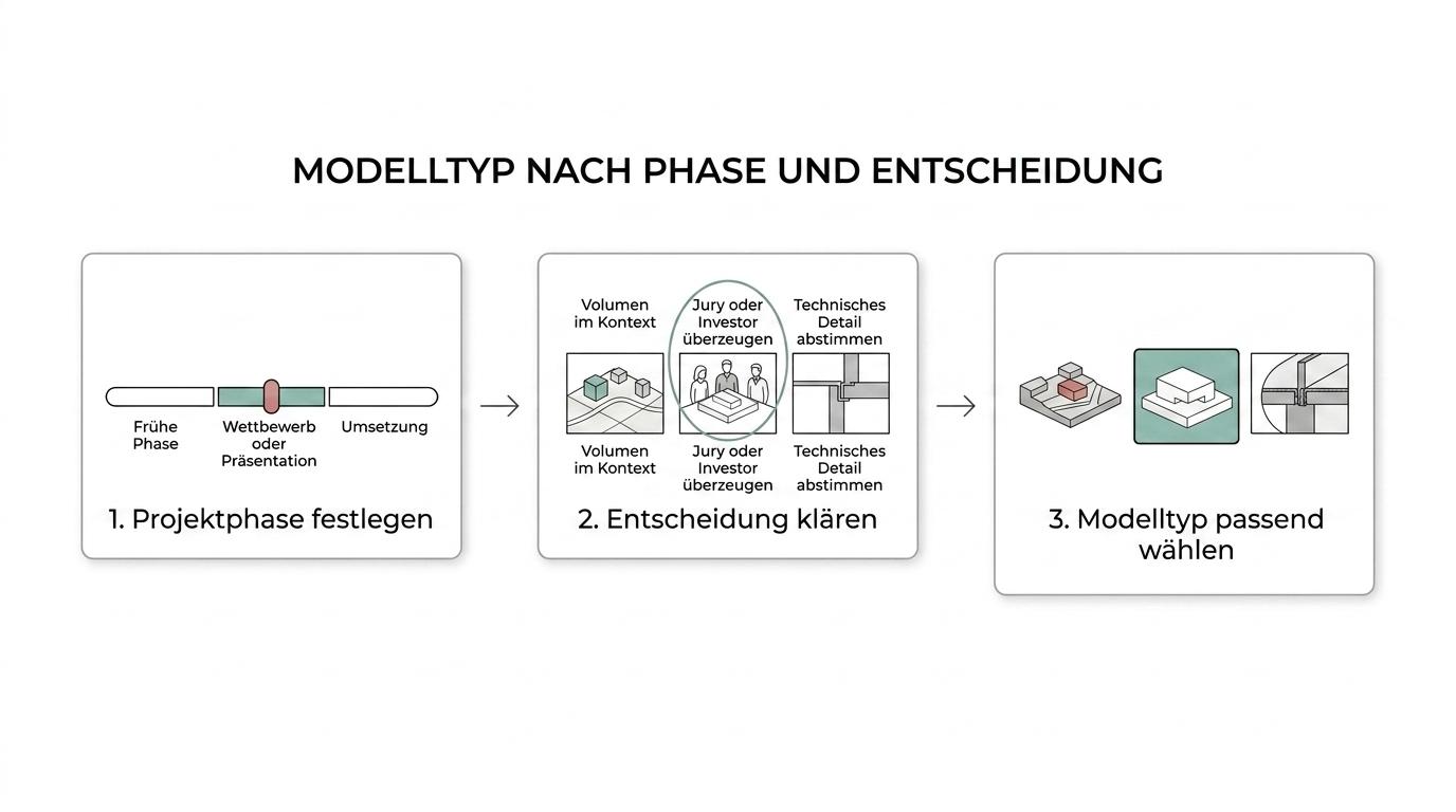 Ablaufgrafik mit Projektphasen von früher Volumenstudie über Wettbewerb und Präsentation bis zu Detail- und Ausführungsmodell.