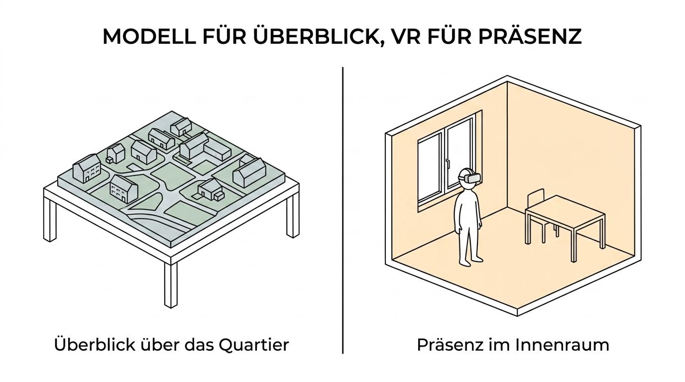 Seitenvergleich eines physischen Architekturmodells und einer VR-Erfahrung mit ihren jeweiligen Stärken im Immobilienvertrieb.