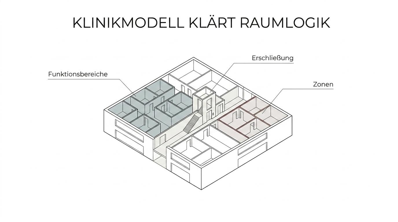 Beschriftetes Architekturmodell eines Klinikbaus mit Eingängen, Stationen, Ambulanz, OP-Bereich, Technikzonen und markierten Wegen.