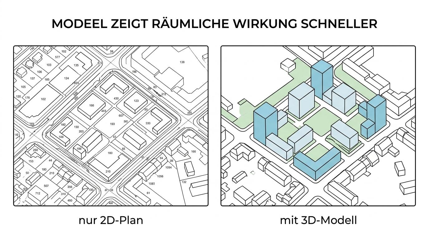 Side-by-side view of a flat zoning plan and a physical urban model of the same neighborhood.