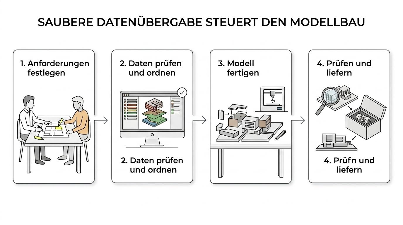 A process diagram showing the path from project briefing and CAD data check to scale definition, model fabrication, quality control, shipping, and on-site installation.