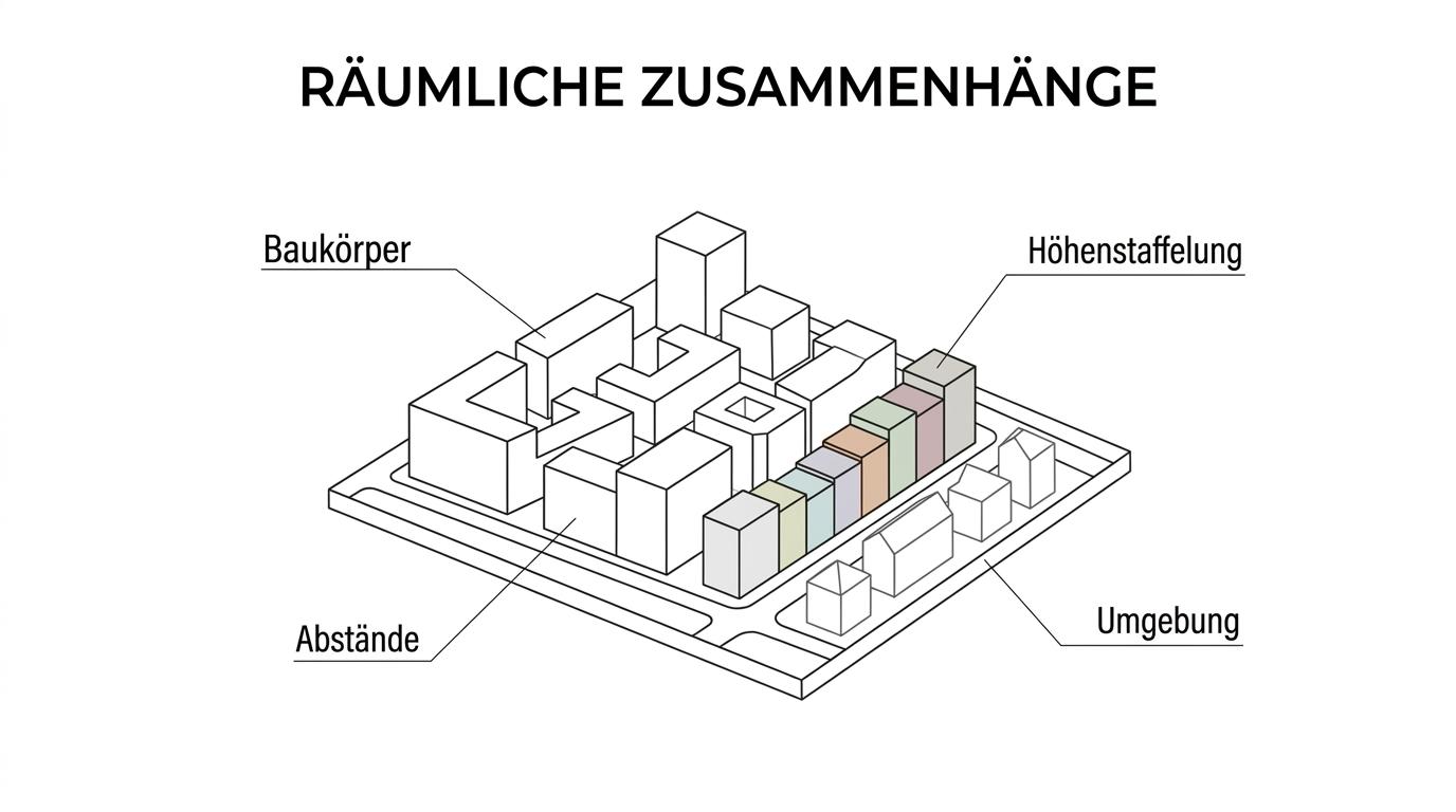 Beschriftetes Bebauungsmodell eines Quartiers mit markierten Gebäuden, Freiräumen, Straßen und Nachbarbebauung.