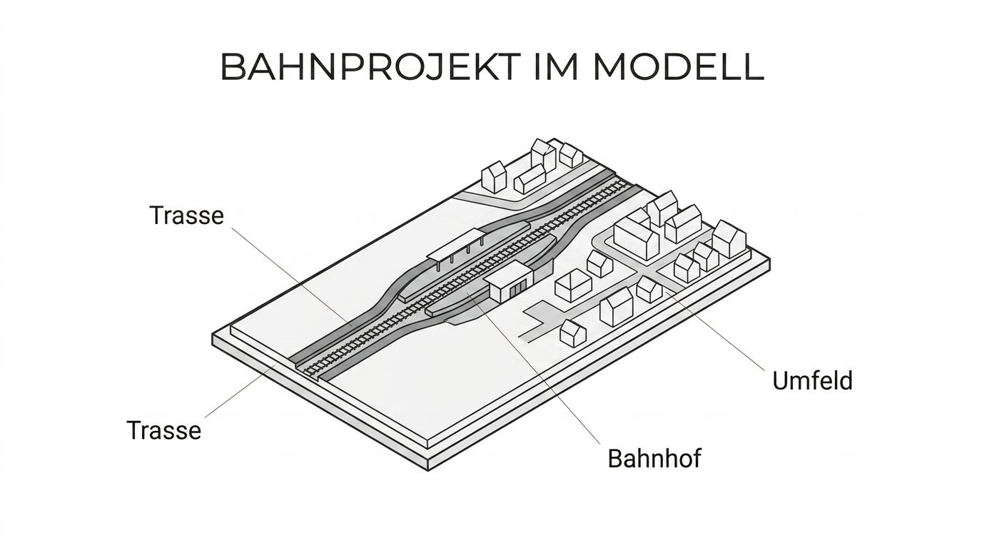 Ein detailliertes physisches Bahn-Infrastrukturmodell mit markierten Gleisen, Bahnsteigen, Brücken, Zugängen und umliegender Bebauung.