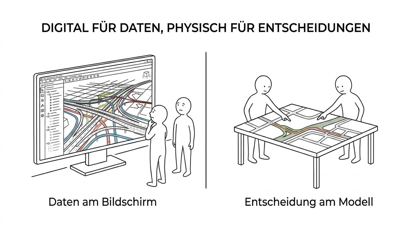 Gegenüberstellung eines physischen Infrastrukturmodells, eines BIM-Modells und eines 3D-City-Modells mit ihren jeweils stärksten Einsatzsituationen.