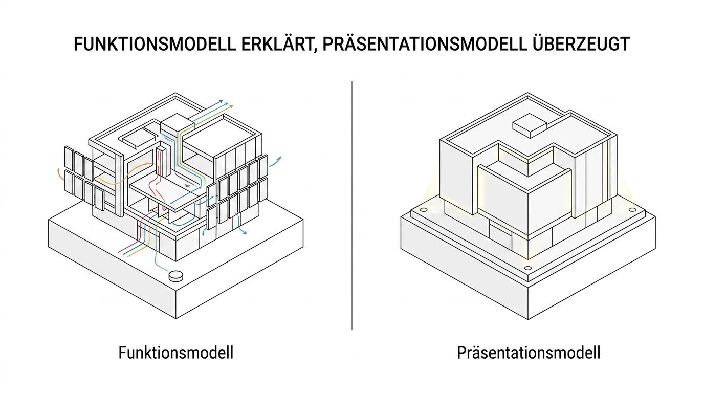 Gegenüberstellung eines Funktionsmodells und eines Präsentationsmodells mit den wichtigsten Unterschieden bei Ziel, Fokus und Messeeinsatz.