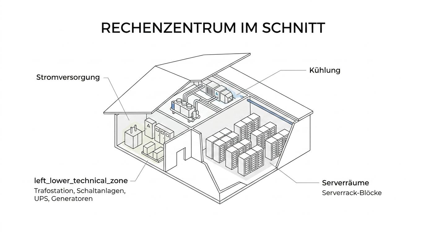 Schnittmodell eines Rechenzentrums mit markierten Serverräumen, UPS, Generatoren, Strompfaden, Kühlung und Waste-Heat-Nutzung.