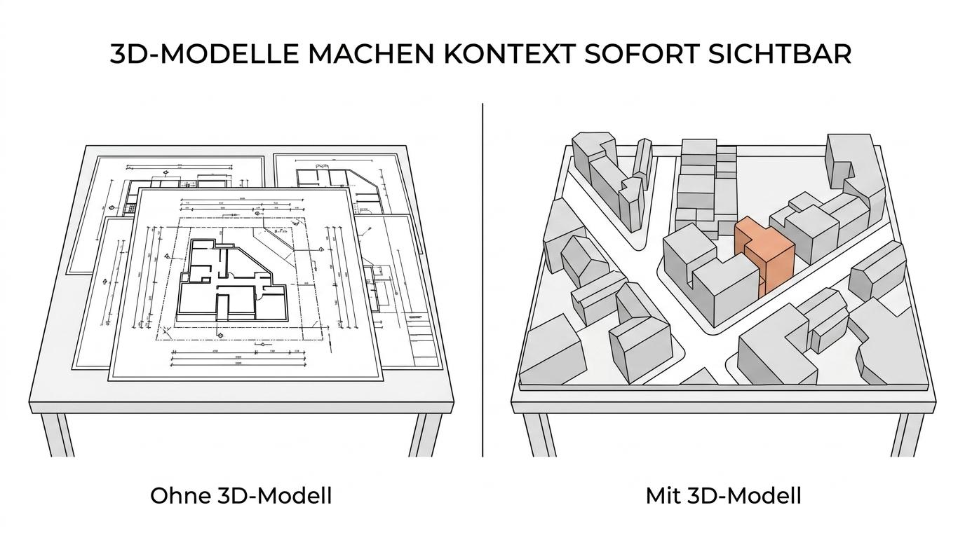 Side-by-side view of the same project shown as flat plan drawings and as a physical urban model with surrounding buildings.