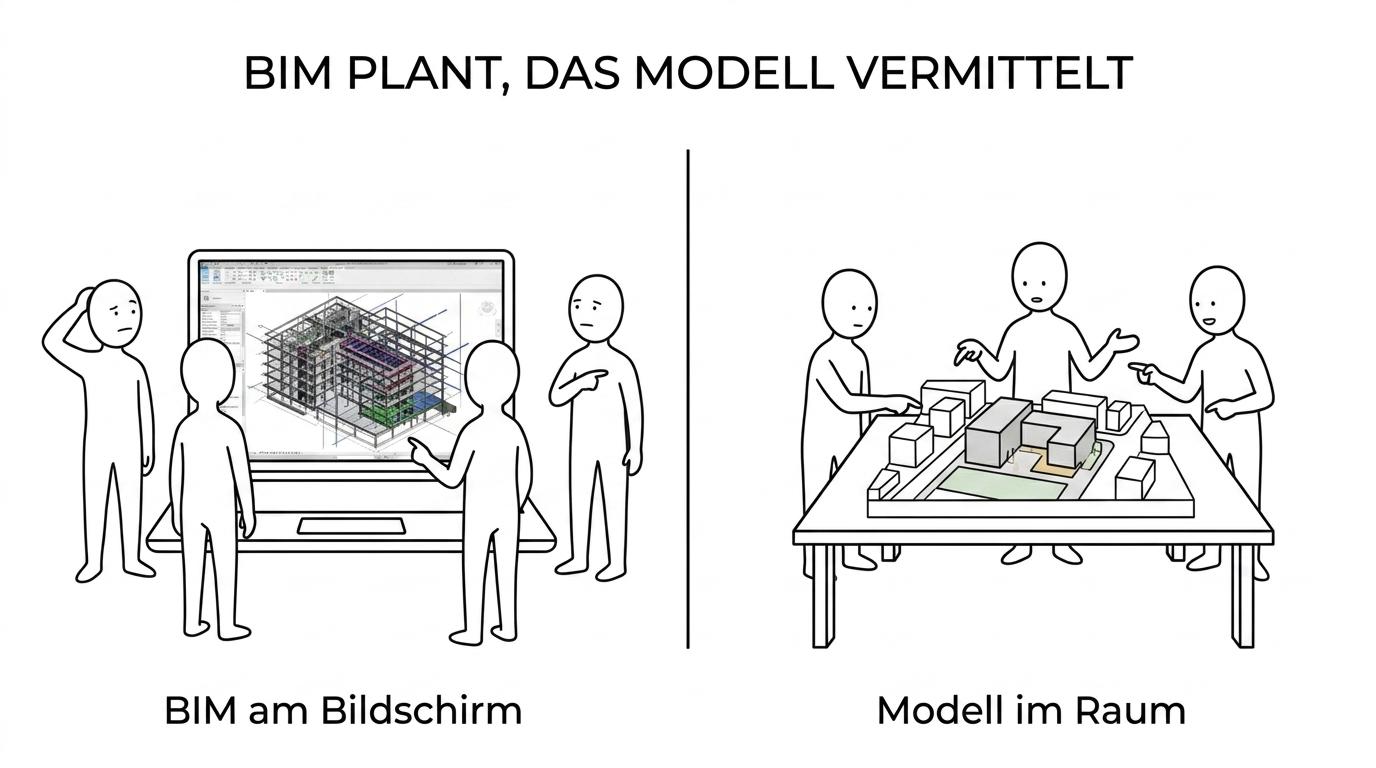 Side-by-side comparison of a BIM model on a screen and a physical architectural model being discussed around a table.