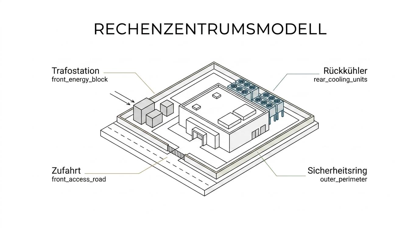 Ein detailliertes Rechenzentrumsmodell mit markierten Bereichen für Gebäude, Trafostationen, Kühlung, Sicherheitszonen, Zufahrten und Erweiterungsflächen.