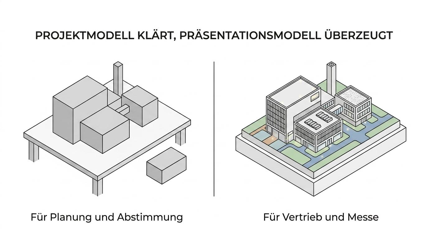 Zwei Architekturmodelle im Vergleich: links ein reduziertes, sachliches Projektmodell, rechts ein detailreiches beleuchtetes Präsentationsmodell.