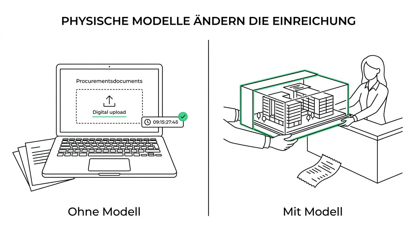 Gegenüberstellung einer digitalen e-Vergabe per Upload und eines Vergabeverfahrens mit physischem Architekturmodell samt Verpackung und persönlicher Abgabe.