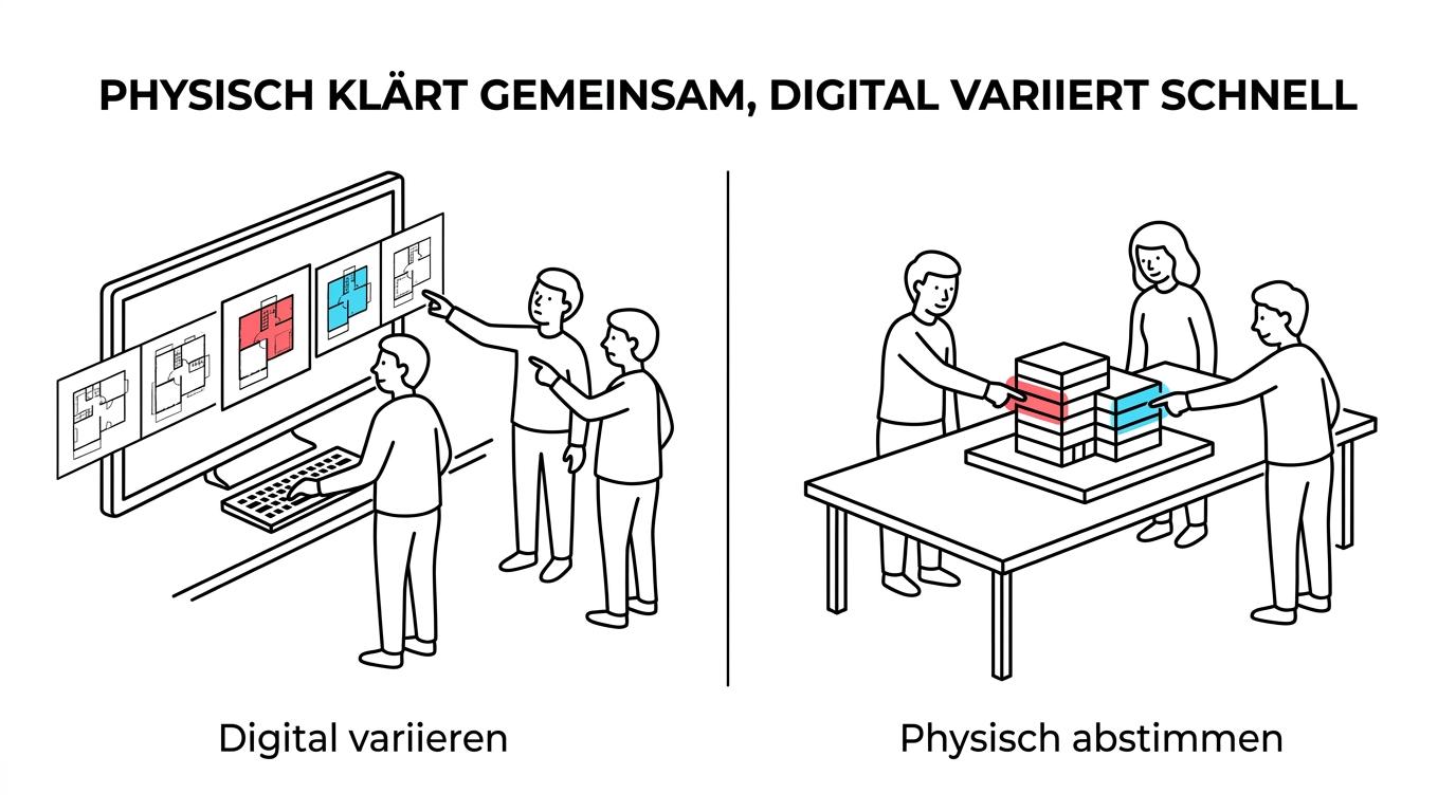 Side-by-side comparison of a physical architectural model discussed around a table and a digital 3D model viewed on a screen.