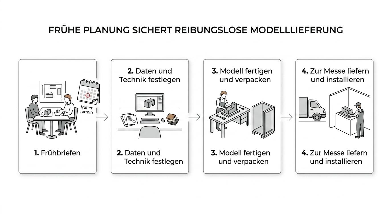 Five-stage workflow for a trade fair model: briefing, data check, material and technology selection, production, then delivery and on-site installation.