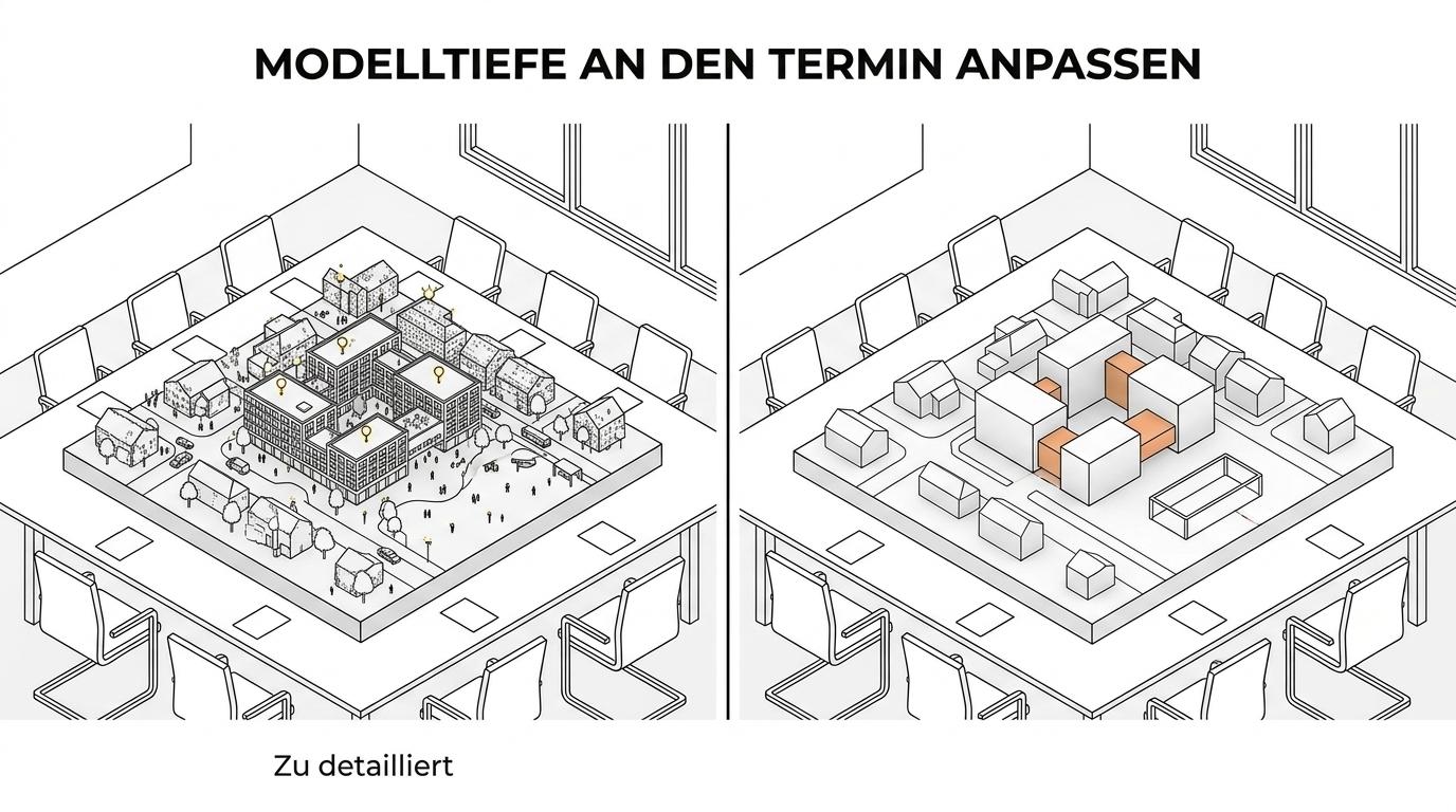Gegenüberstellung eines reduzierten Konzeptmodells und eines detailreichen Präsentationsmodells mit typischen Einsatzsituationen.