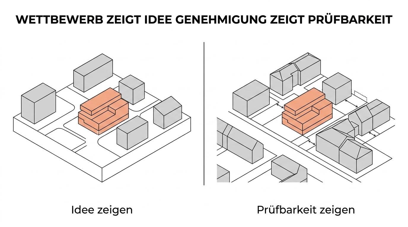 Side-by-side comparison of a Wettbewerbsmodell and a Genehmigungsmodell showing differences in goal, audience, focus, detail, and role in the process.