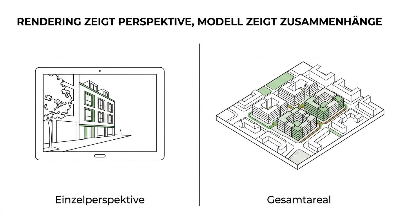 Gegenüberstellung desselben Entwicklungsareals als Masterplanmodell, Rendering und Lageplan.