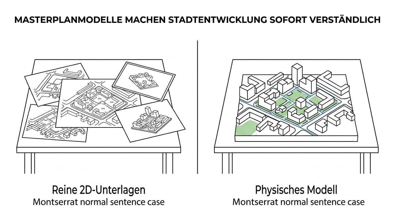 Nebeneinander ein flacher Lageplan und ein physisches Stadtmodell mit erkennbaren Baukörpern, Straßen, Grünflächen und Umgebungskontext.