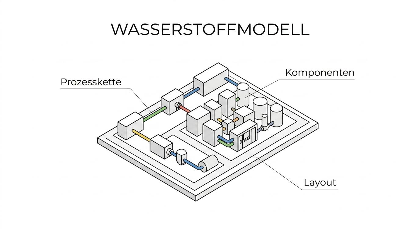 Labeled physical model of a hydrogen plant showing electrolyzer, storage, piping, station areas, and highlighted process zones.