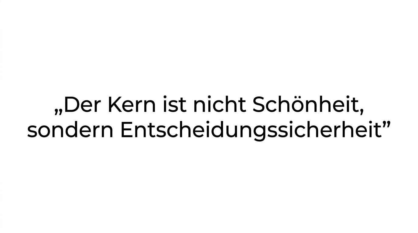 Hervorgehobenes Zitat über Entscheidungssicherheit statt bloßer Schönheit beim Genehmigungsmodell.