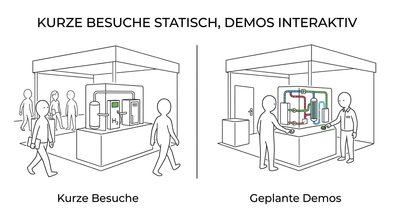 Vergleich von drei Wasserstoff-Messemodellen: statisch, mit LED und interaktiv, jeweils mit typischen Stärken und Einsatzsituationen.