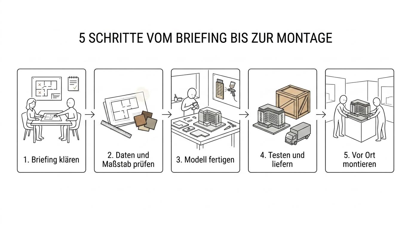Fünfstufiges Ablaufdiagramm für ein Hotelmodell-Projekt von Briefing und Datenprüfung über Fertigung bis zu Lieferung und Installation.