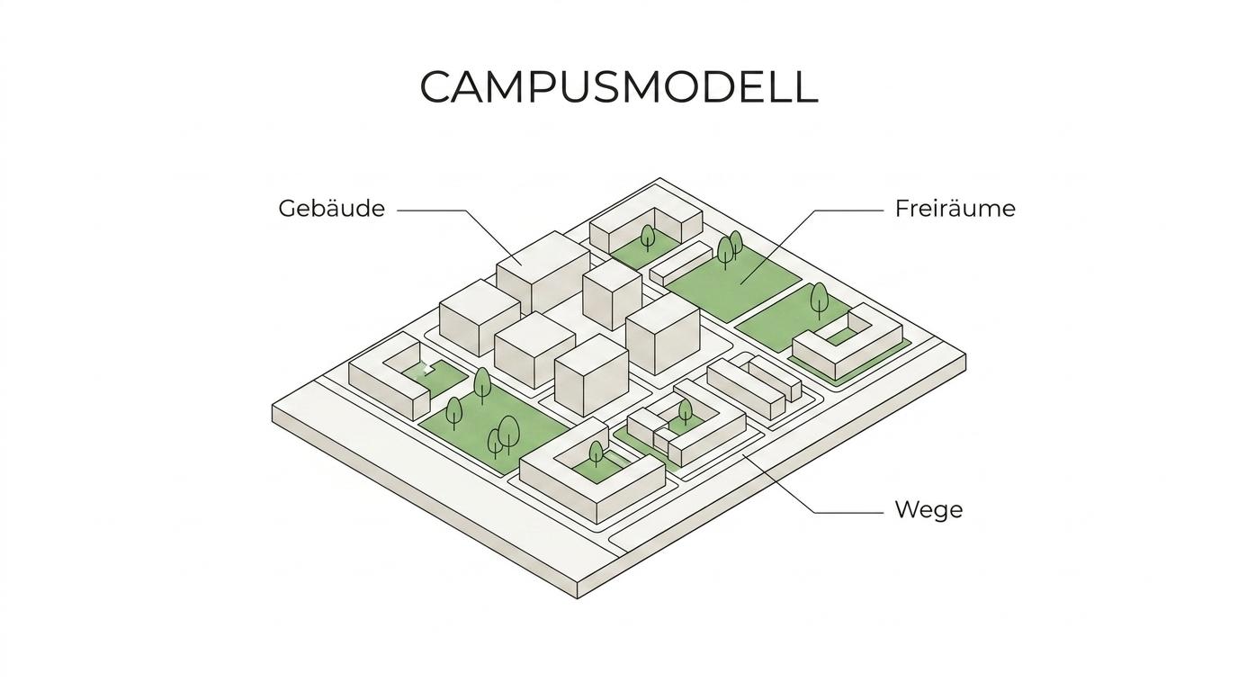 Beschriftetes physisches Campusmodell mit Bestandsgebäuden, Neubauten, Wegen, Freiräumen und Entwicklungsflächen.