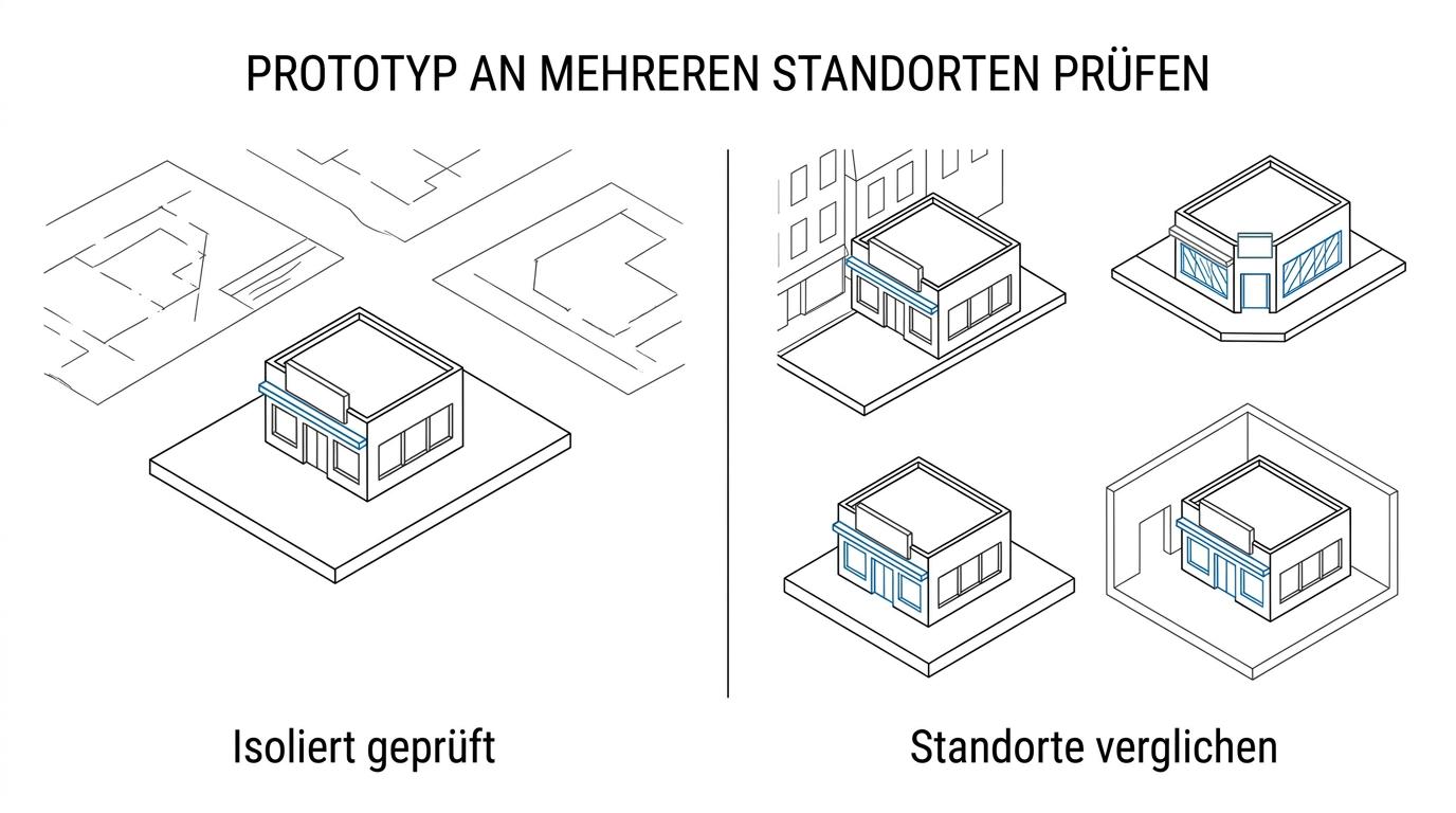 Drei nebeneinander gezeigte Architekturmodelle desselben Ladenkonzepts in unterschiedlichen Standortsituationen mit gleicher Markenfassade und angepasster Flächenlogik.