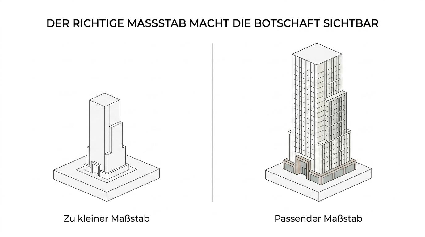 Side-by-side comparison of a high-rise model at 1:100, 1:200, 1:500, and 1:1000, showing changing model height, facade detail, and surrounding context.