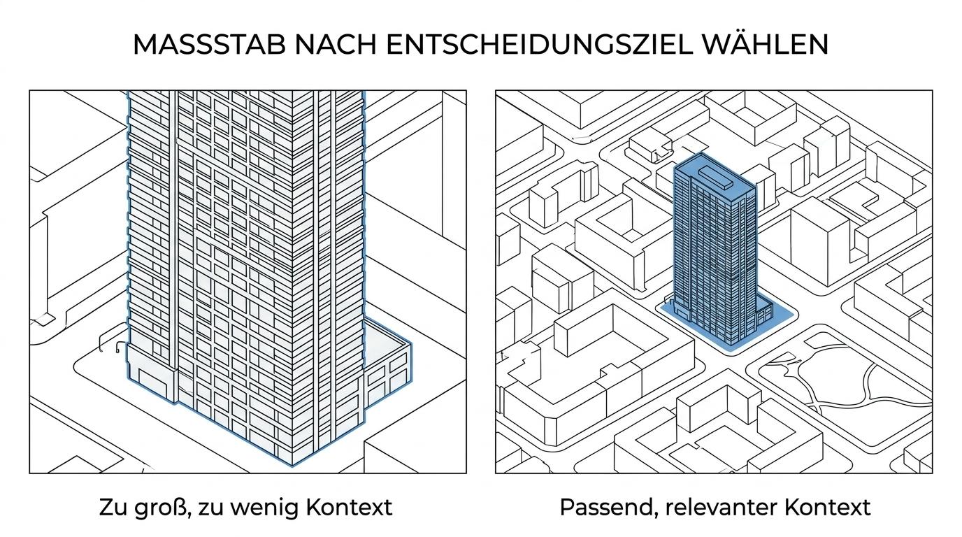 Vergleich verschiedener Hochhausmodell-Maßstäbe mit passenden Einsatzfeldern von städtebaulichem Kontext bis zu Fassaden- und Vertriebsdetails.