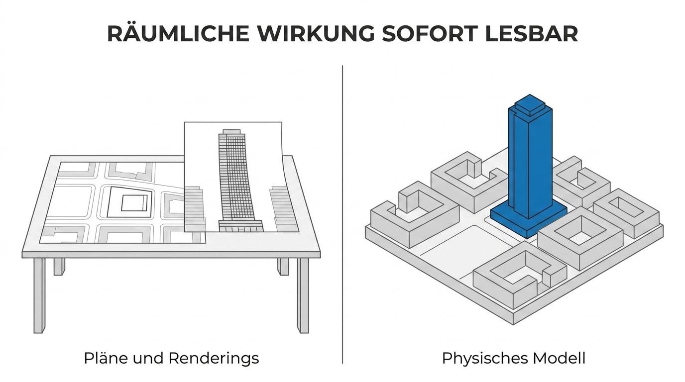 Gegenüberstellung von digitalen Plänen und Renderings auf der einen Seite und einem physischen Hochhausmodell mit sichtbarem Umfeld auf der anderen Seite.
