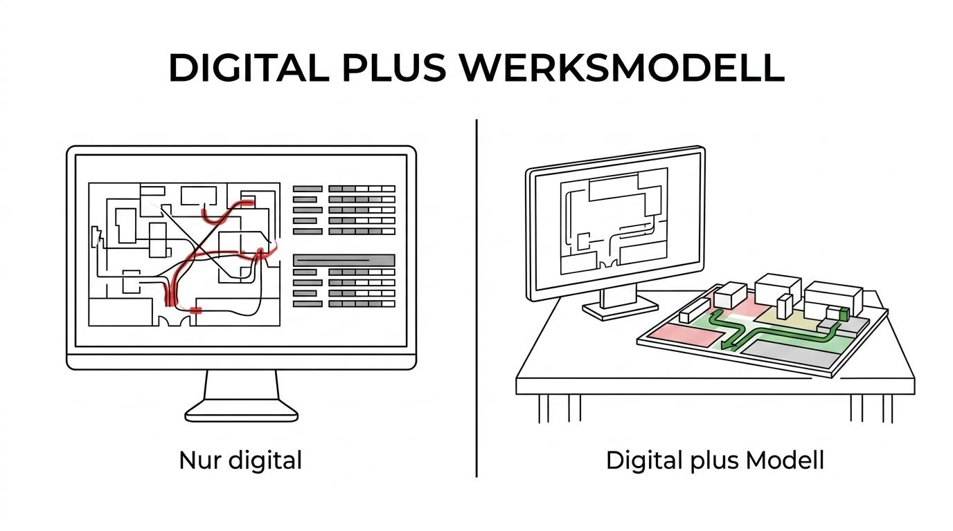Side-by-side comparison of a digital factory layout on a screen and a physical factory model on a table.