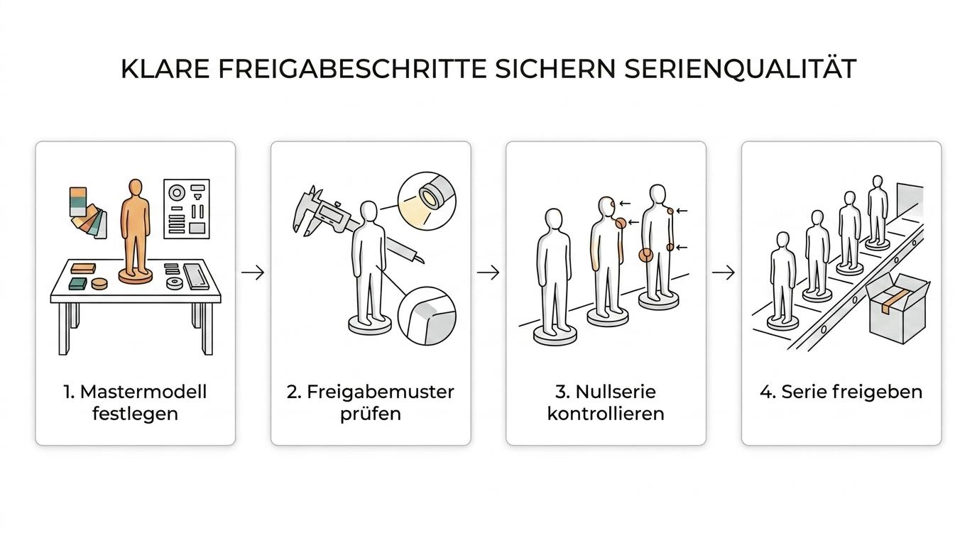 Ablaufgrafik vom Mastermodell über Prozessqualifikation und Prüfungen bis zur Nullserie und freigegebenen Serienfertigung.