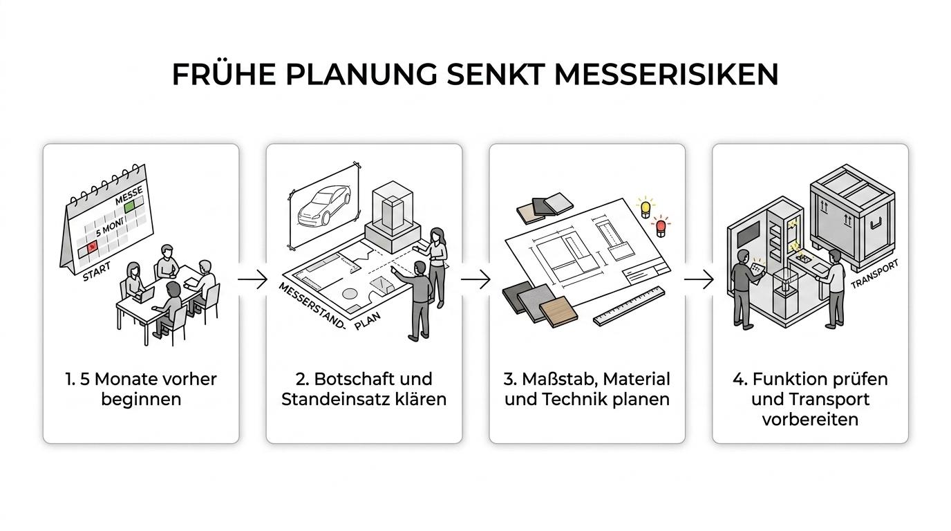 Diagramm des Messemodell-Prozesses von Briefing über Fertigung bis Transportvorbereitung.