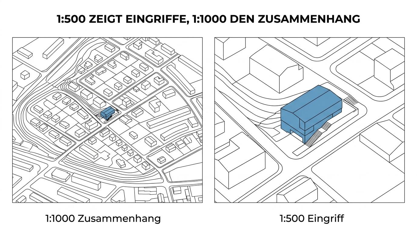 Two topography architecture models of the same site shown side by side at 1:500 and 1:1000, with the larger scale revealing ramps, terrain edges, and building fit, and the smaller scale showing more surrounding neighborhood context.