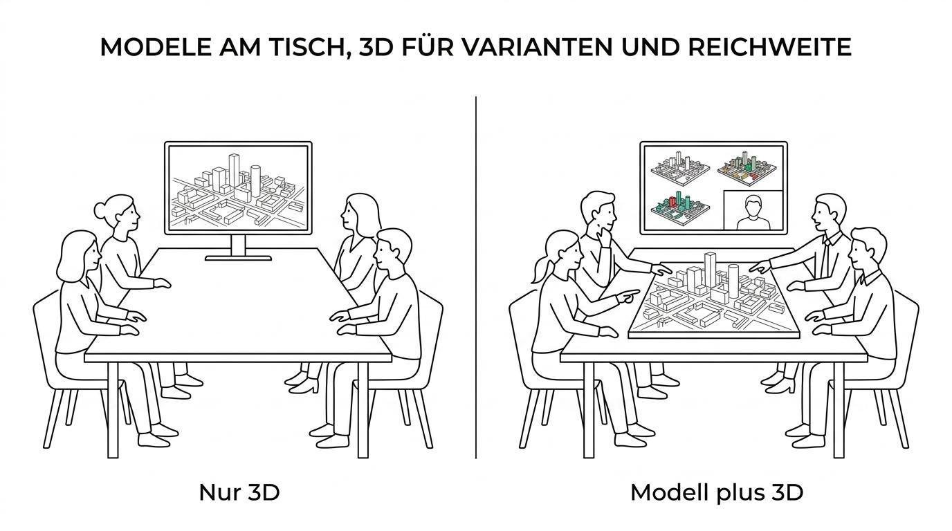 Nebeneinander ein physisches Stadtmodell auf einem Besprechungstisch und eine digitale 3D-Stadtansicht auf einem Bildschirm.