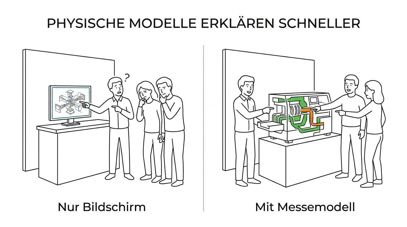 Side-by-side comparison of a physical trade fair model, an exploded technical view, and a screen demo.