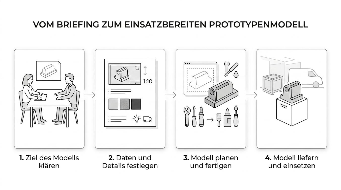 Diagramm zum Ablauf eines Prototypenmodell-Projekts von Zielklärung und Projektparametern über Fertigung und Veredelung bis zu Lieferung und Installation.