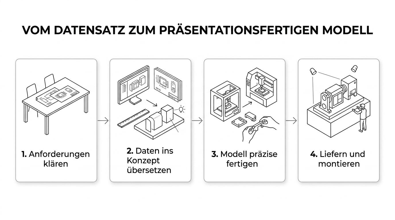 A staged visual showing how an industrial model is developed from briefing and CAD data through concept, fabrication, finishing, and final presentation setup.
