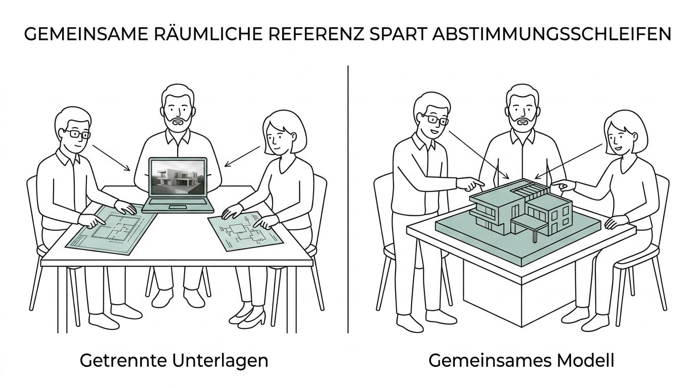 Nebeneinander: eine Projektbesprechung mit nur Plänen und Screenshots und dieselbe Besprechung rund um ein Architekturmodell.