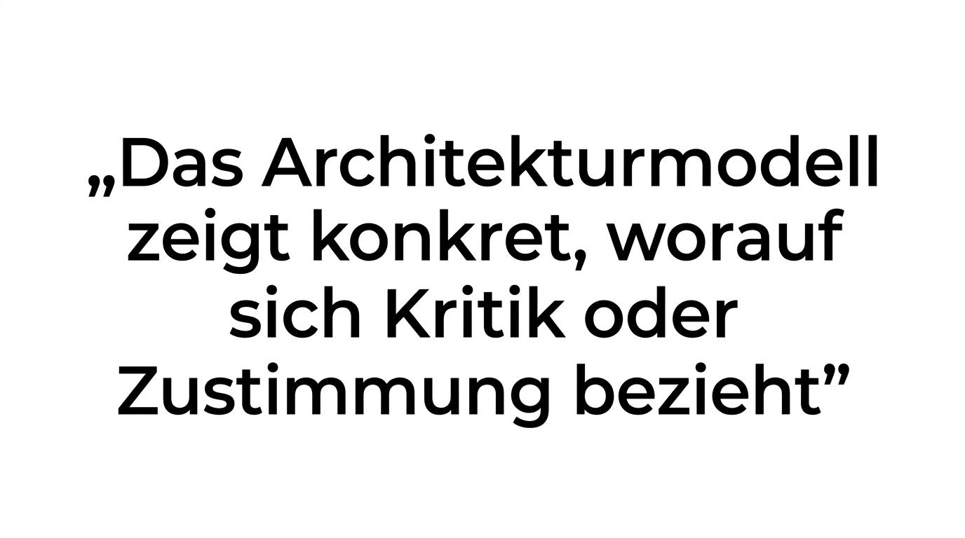 Zitatgrafik mit dem Satz „Ein Architekturmodell schafft eine gemeinsame Sprache.“