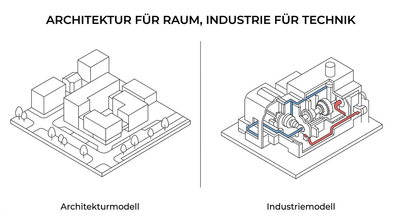 Seitenvergleich eines Architekturmodells und eines Industriemodells mit den wichtigsten Unterschieden bei Ziel, Zielgruppe und Fokus.