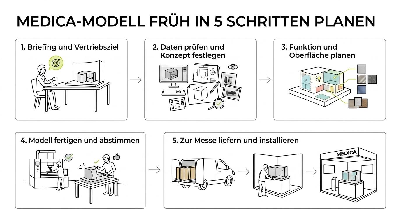 Ablaufgrafik mit fünf Schritten für ein MEDICA-Messemodell: Briefing, Datenprüfung, Funktionsplanung, Fertigung sowie Transport und Installation.