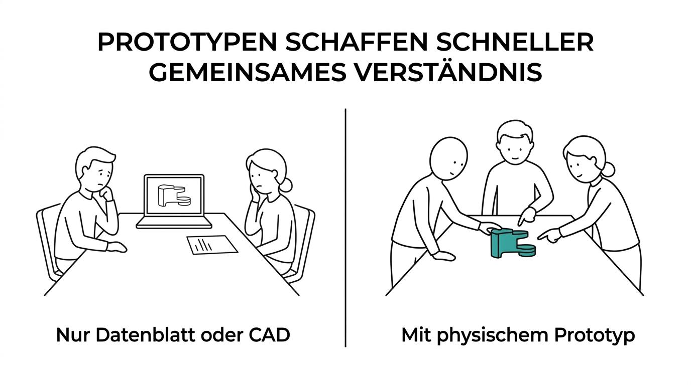 Seitenvergleich zwischen Datenblatt oder CAD-Rendering und einem physischen Prototypenmodell in einem Kundentermin, wobei das Modell Größe, Material und Bedienlogik greifbar macht.