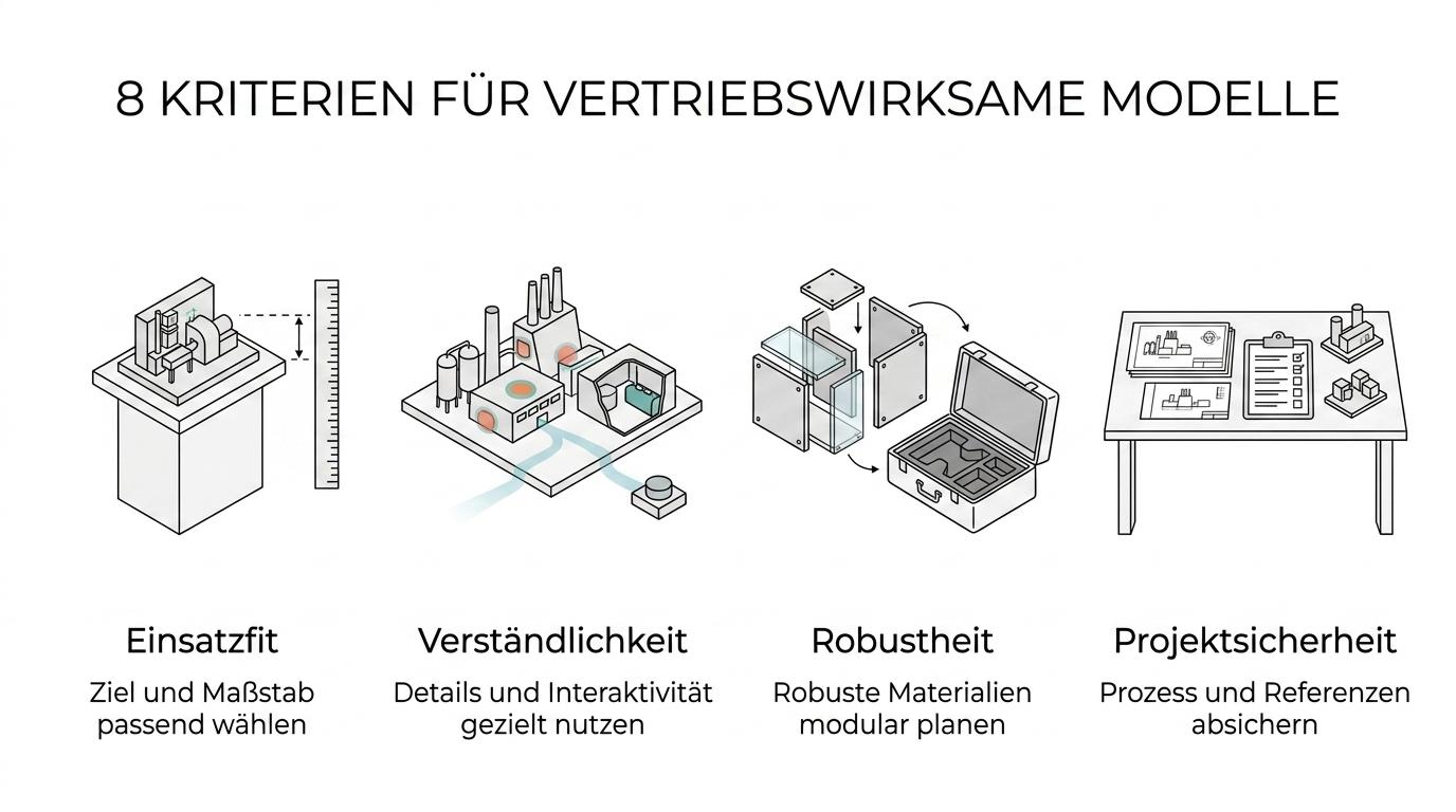 Visual mit acht beschrifteten Kriterien für starken Industriemodellbau im Vertrieb: Vertriebsziel, Maßstab, Detailgrad, Material, Interaktivität, Modularität, Produktionsprozess und Referenzen.