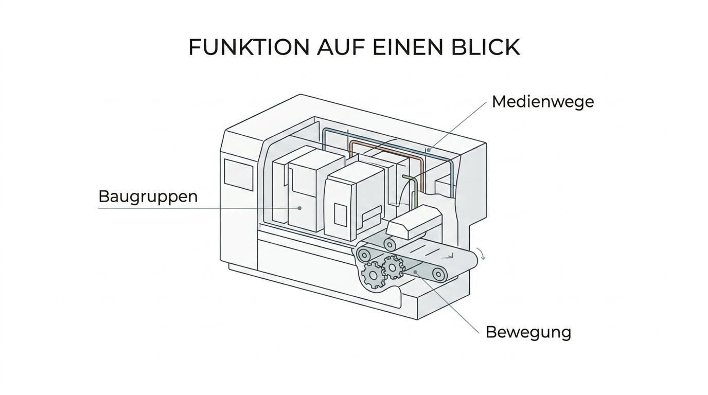 Labeled cutaway machine model showing internal modules, flow paths, interfaces, and moving components for a trade fair presentation.