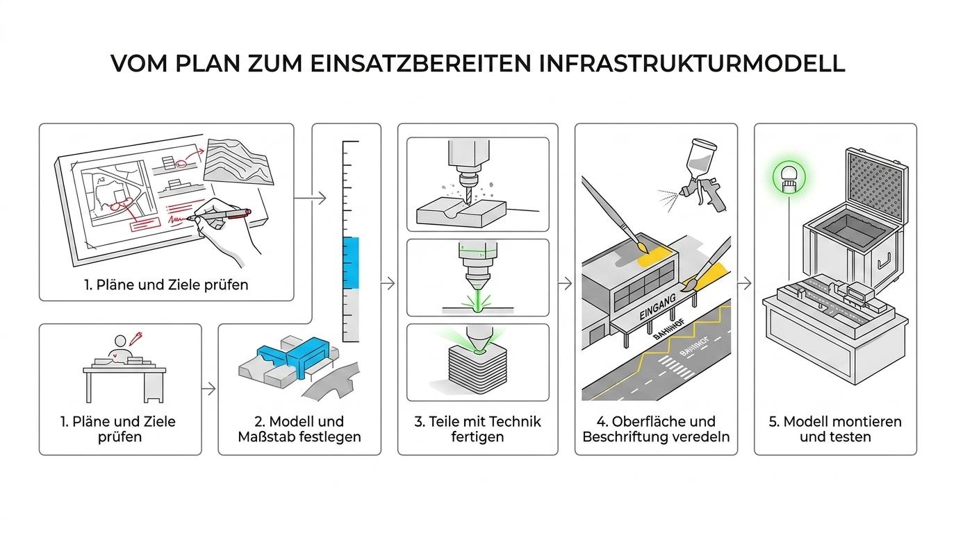 Fünfstufiger Ablauf zur Erstellung eines individuellen Tiefbau-Infrastrukturmodells von Briefing über Fertigung bis Endmontage und Einsatzvorbereitung.