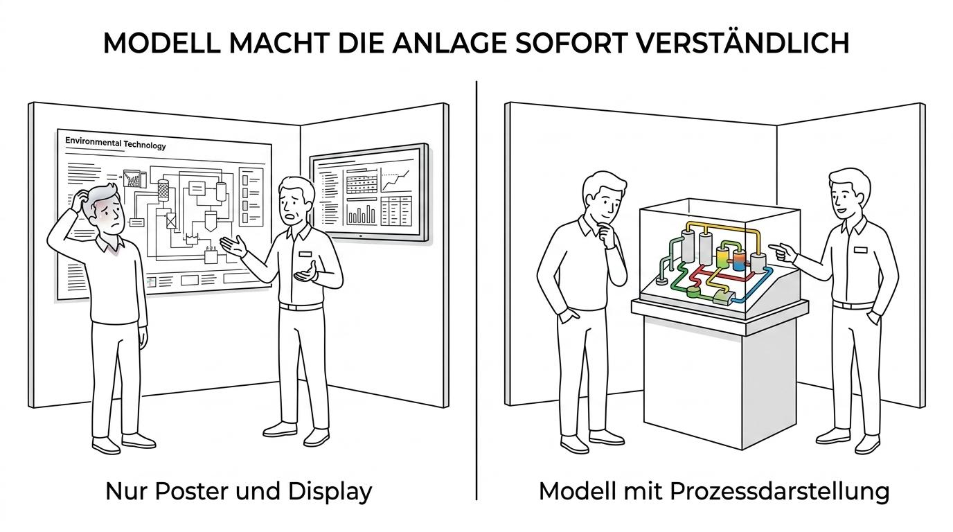 Zweigeteilter Messestand: links Poster und Displays mit schwer erfassbarer Umwelttechnik, rechts ein beleuchtetes Umwelttechnikmodell mit klar sichtbaren Prozessflüssen und aktivem Kundengespräch.