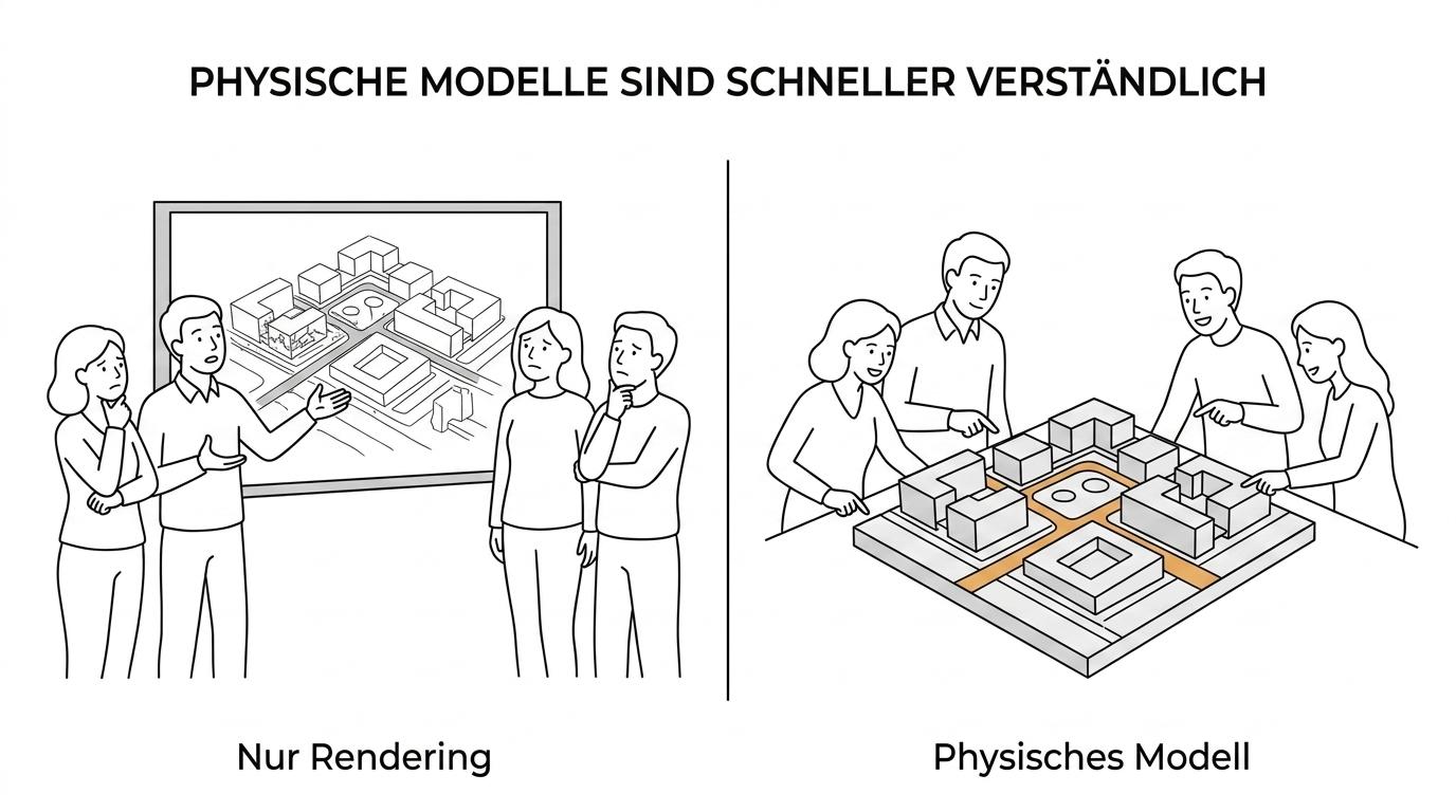 Gegenüberstellung eines digitalen Gebäude-Renderings und eines physischen Architekturmodells mit klar erkennbaren Baukörpern, Wegen und Umfeld.