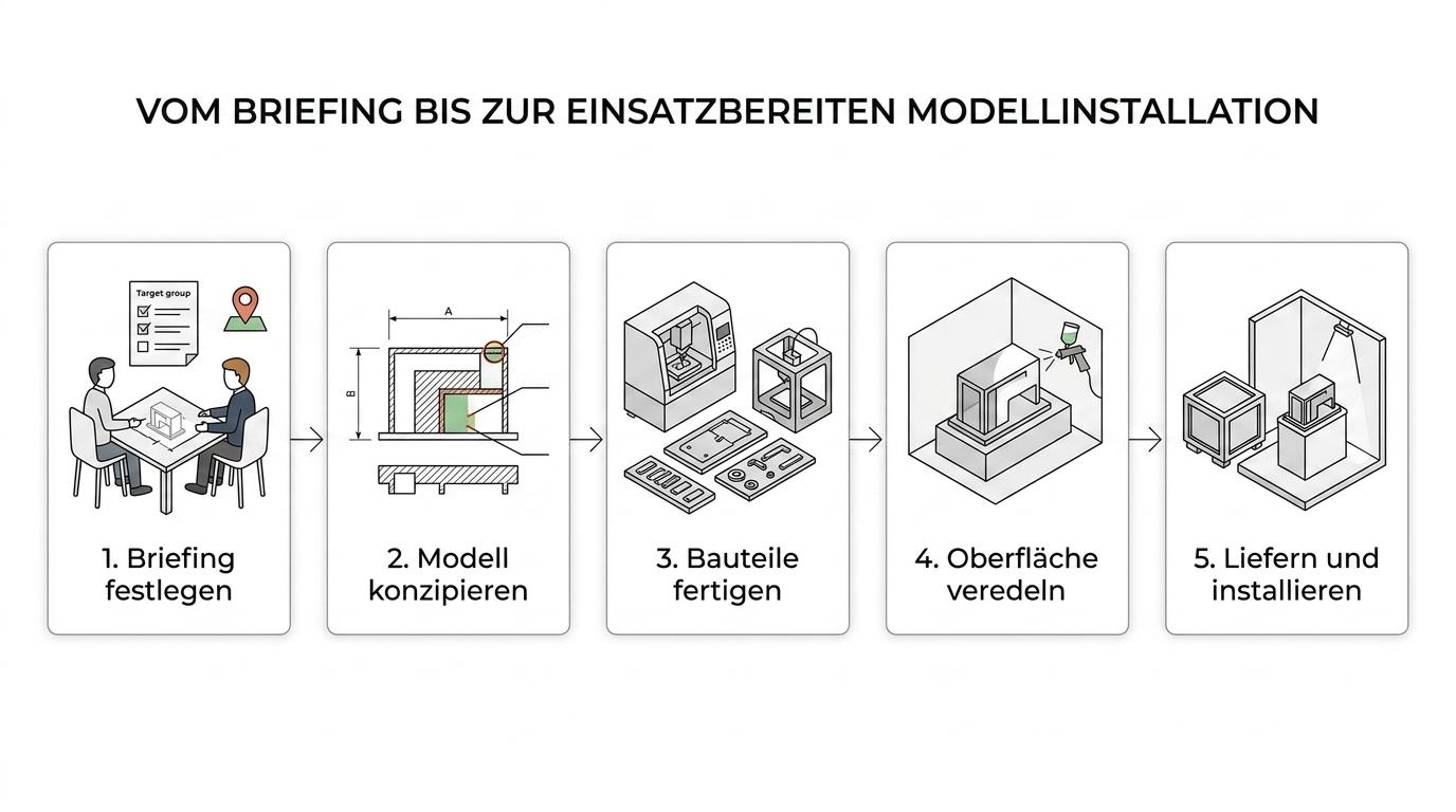 Fünfstufiger Ablauf zur Realisierung eines Industriemodells von Briefing und Konzeption über Fertigung bis Lieferung und Installation.