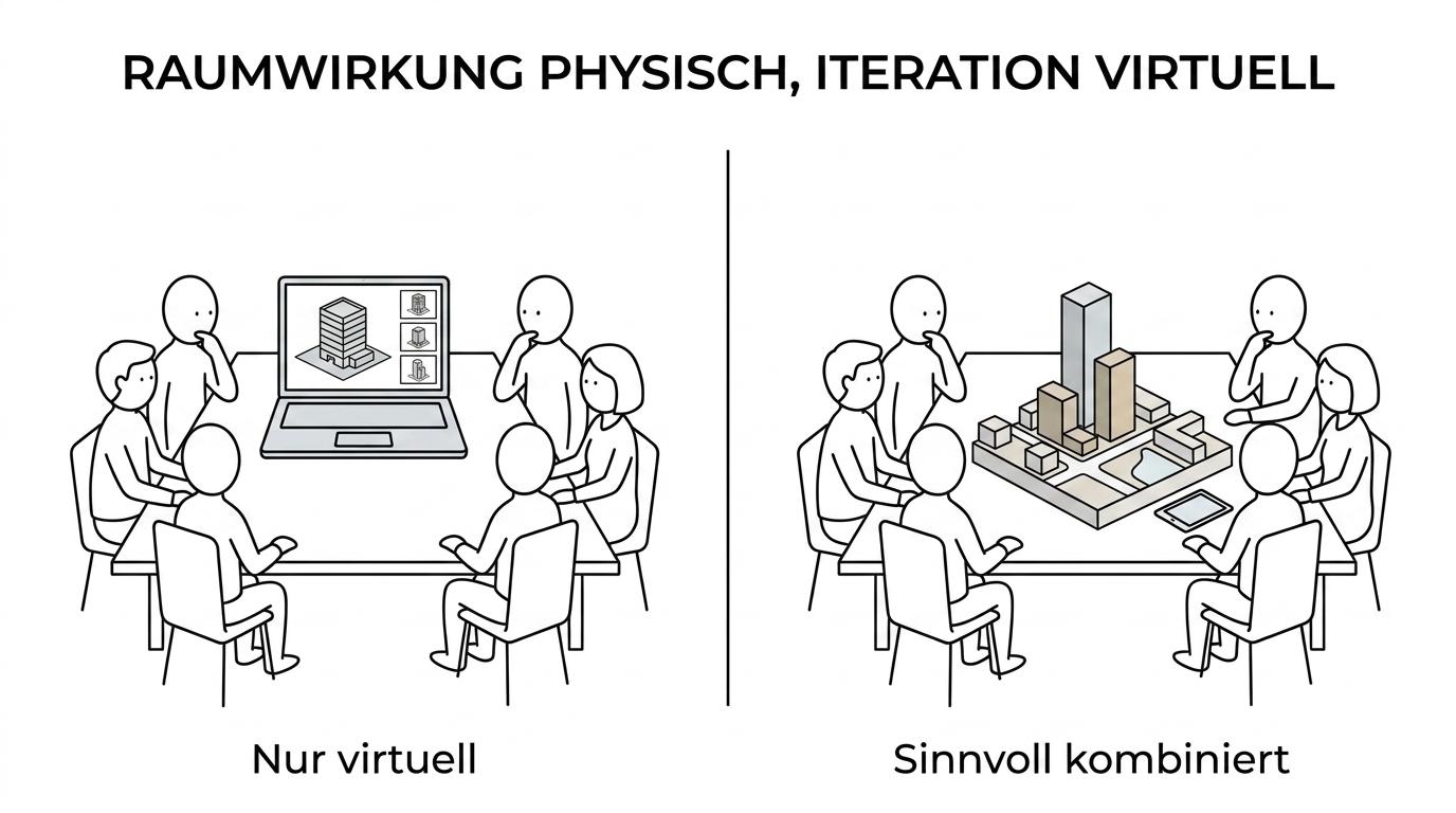 Side-by-side comparison of a physical architecture model and a virtual 3D model, with labeled strengths such as spatial understanding, group discussion, variants, and animation.